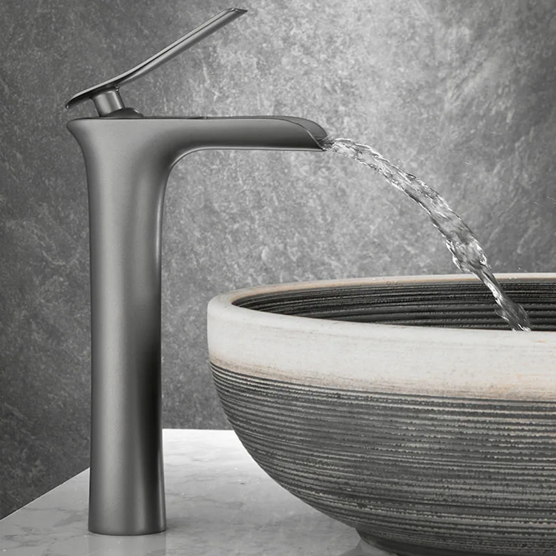 Bathroom Faucet Basin Brass Hot And Cold Water Mixer Vanity Tap Gray Finish Deck Mount Sink Mixer Waterfall Washbasin Tap