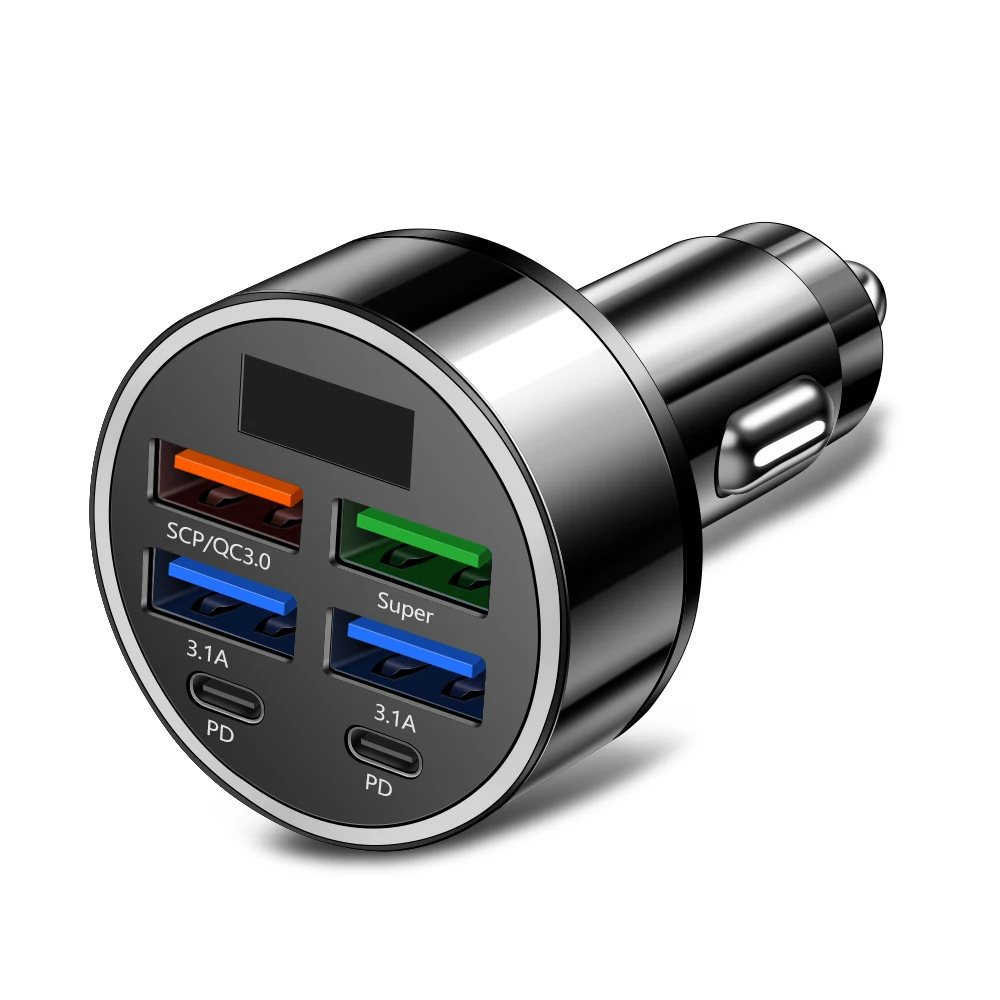 מטען לרכב 100W עם 6 יציאות טעינה מהירה PD QC3.0 USB C מתאם סוג C לרכב עבור iPhone Samsung Huawei Xiaomi
