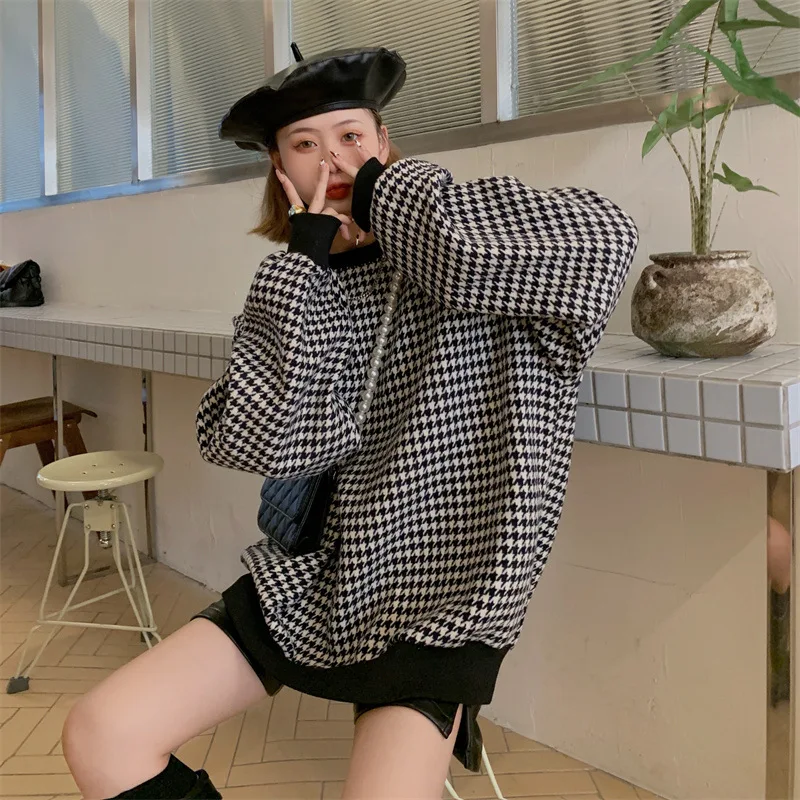 

Women's Sweatshirt Houndstooth Retro Hoodies Autumn Winter Woman Clothes Loose Lazy Style Sweatshirts Pullover O-Neck Tops