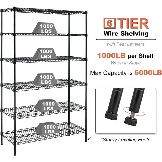 6-Tier Wire Shelving Unit 6000lb Capacity NSF Heavy Duty Steel