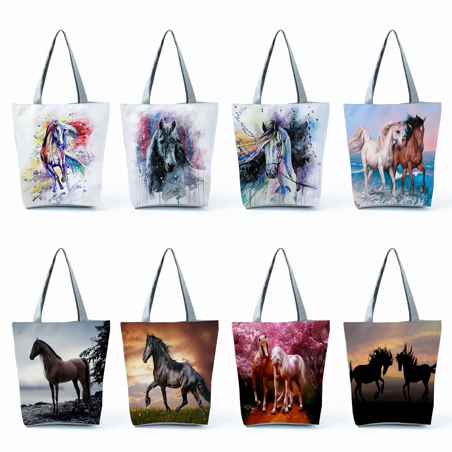 Casual Handbags For Women Animal Graphic Tote Watercolor Horse Print Polyester Shopping Bag Folding Reusable Travel Shoulder Bag