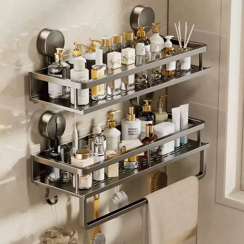 Suction Cup Mount Bathroom Shelf with Towel Holder Removable Hooks No Drill Hanging Bath Room Basket Shampoo Storage Rack Tray storage rack bathroom shelf shower shelf bathroom storage shelf storage shelf bathroom accessories shower rack bathroom corner shelf shampoo rack floating shelves