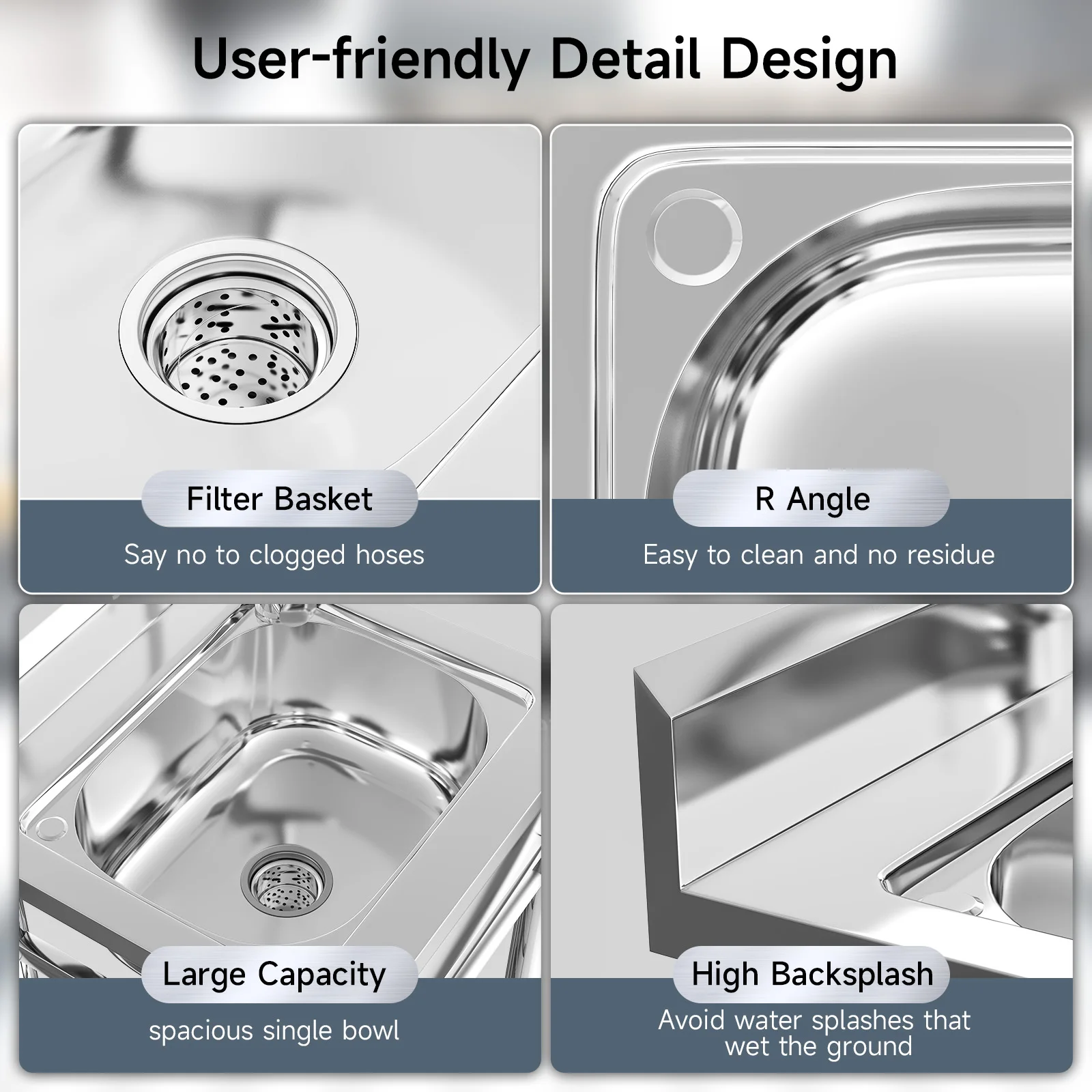 Utility Sink Stainless Steel Commercial Restaurant Kitchen Sink with Cold & Hot Water Pipe, Laundry Tub For Indoor Outdoor 5