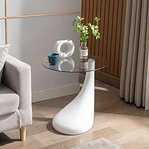 21'' Tall Glass End Table, Round Glass Coffee Table, Side Table with Glass Top for Home and Office
