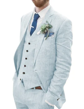Abito da uomo in lino personalizzato 3 pezzi blazer gilet e pantaloni set completo uomo terno abito in lino risvolto dentellato smoking casual matrimonio estivo