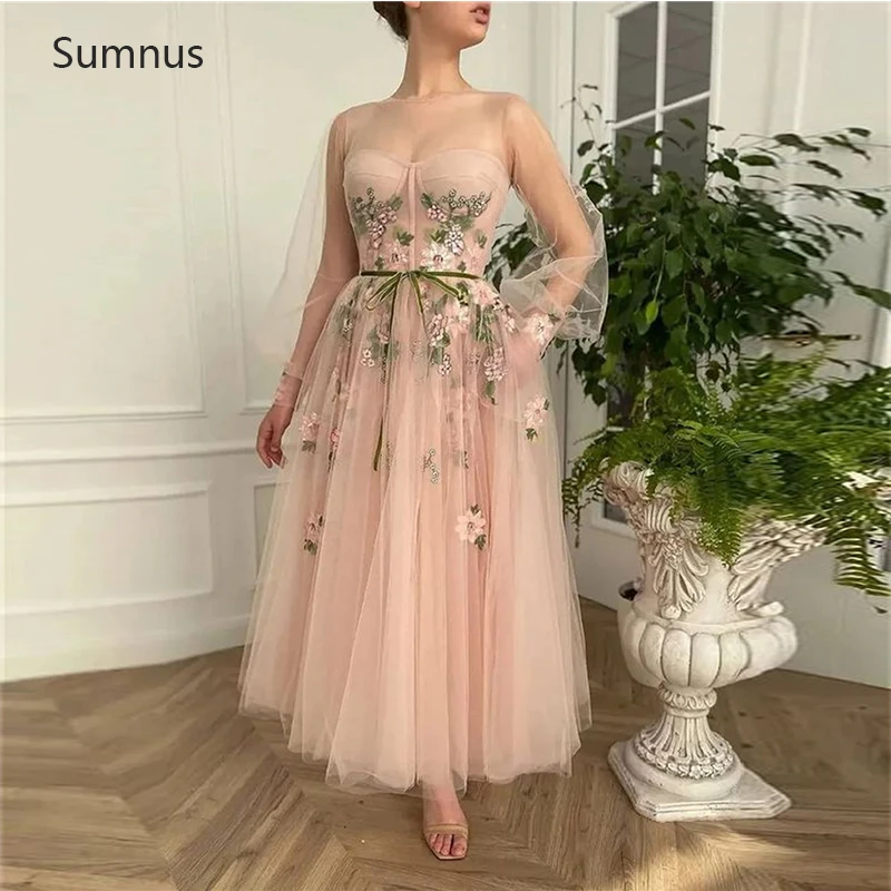 

Sumnus Pink Charming Midi Prom Dresses Puff Sleeves Tea-Length 2022 A-Line Party Dresses With Pocket Tulle Formal Prom Gowns