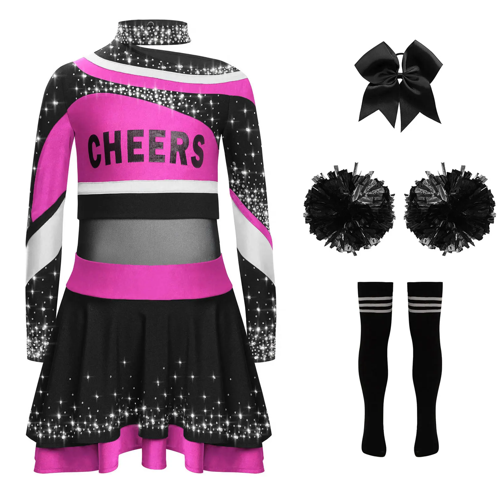 Kids Girls Cheerleader Costume Cheerleading Uniform Sports Modern Dance Outfits Letter Print Shiny Rhinestones Top with Skirt