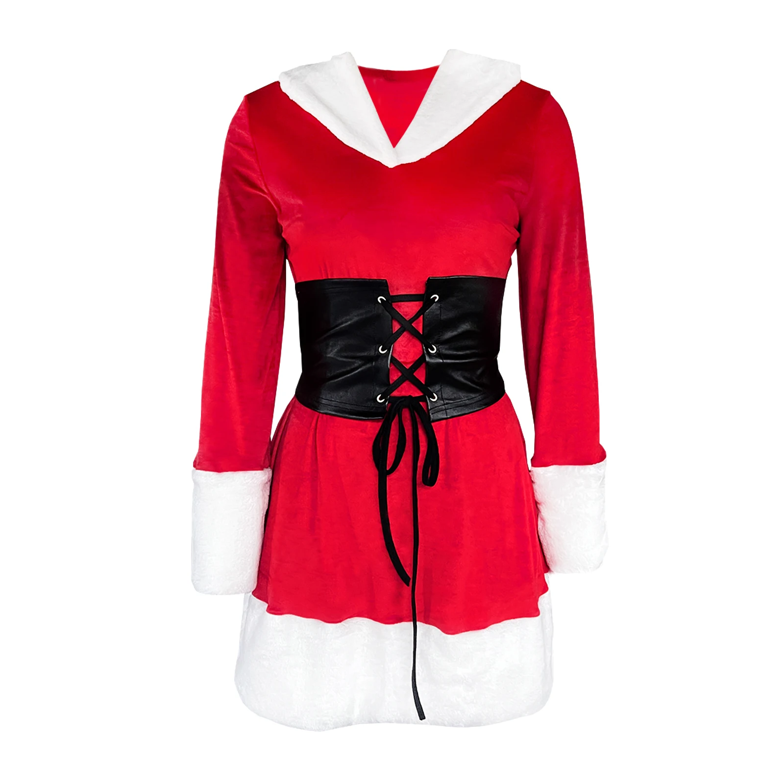 2026 New Years Women's Christmas Santa Dress Deluxe Mrs. Claus Costume Long Sleeve Hooded Xmas Dresses with Corset Belt Winter