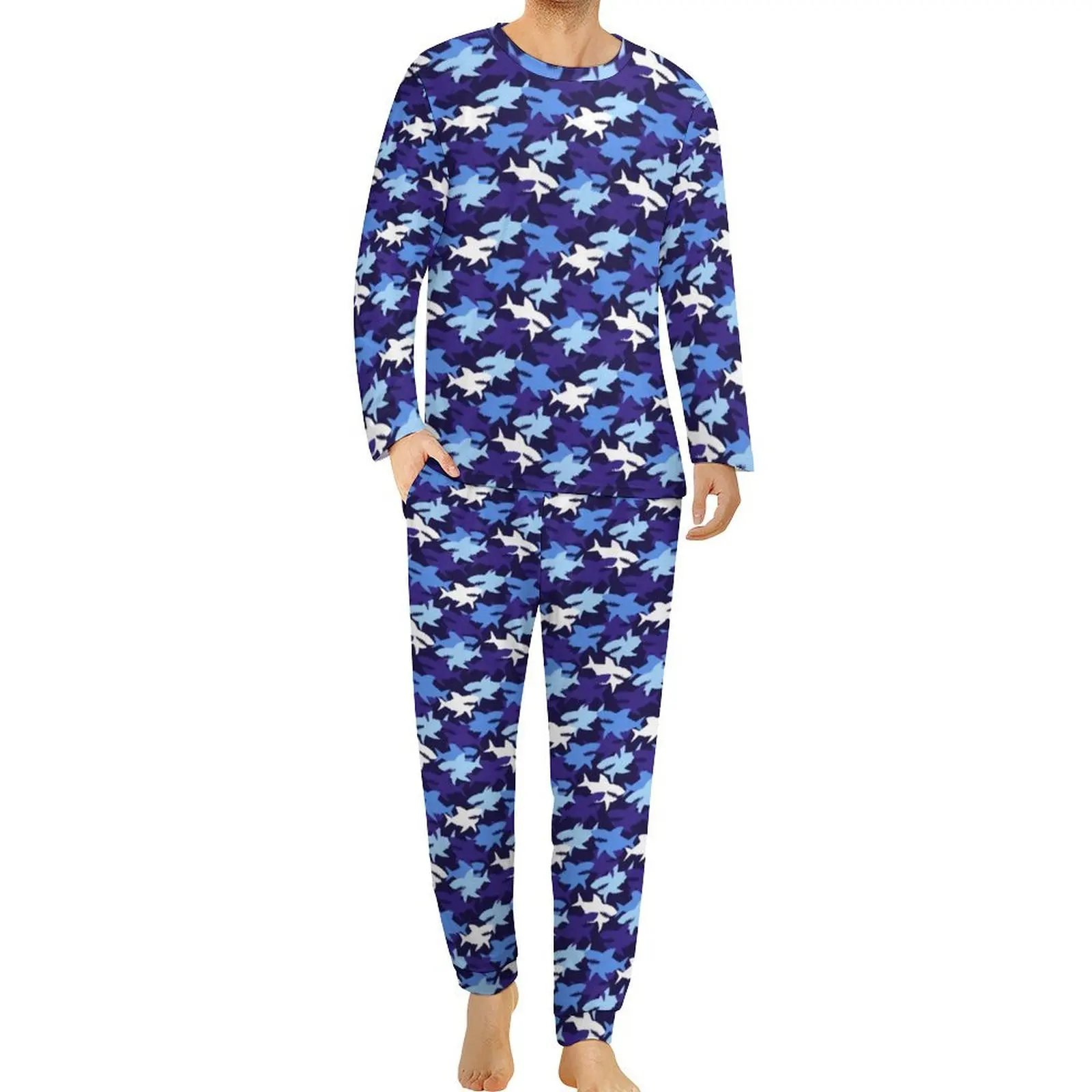 thumbnail image 1 of Pijama de tiburón divertido, conjunto de pijama de 2 piezas con estampado de vida marina de manga larga para hombre, ropa de dormir romántica de gran tamaño con gráficos de otoño, 1 of 5