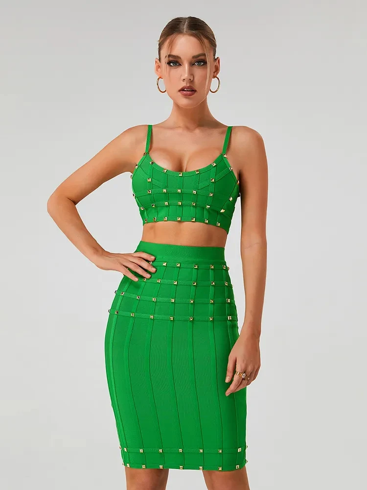 

2023 New Summer Women's Blue Green White Black 4-color Riveted Sexy Tight Bandage Short Top with Skirt Set