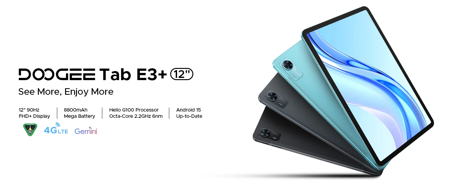 DOOGEE Tab E3+ Tablet 32GB 256GB 12" 2K Display Android 15 Helio G100 8800mAh Battery Gemini AI Smart Pad TabletPC