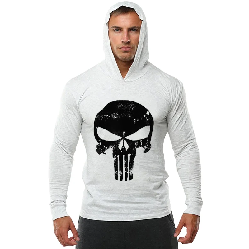 Men's Fitness Sports Leisure Spring And Autumn Long Sleeve Hooded Sweat Cotton Vintage Ghost Head Printing Long Sleeve