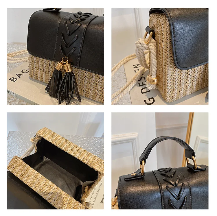 Summer Rattan Straw Square Box Handbag Trendy Fashion Tassel Straw Purse Handbag Beach bag For Ladies