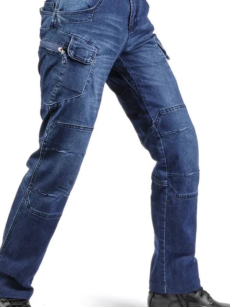 Trend Tactical Cargo Jeans Men Casual Hiking Hunting Denim Pants Straight Elastic Stretch Fabric Trousers Streetwear Clothing