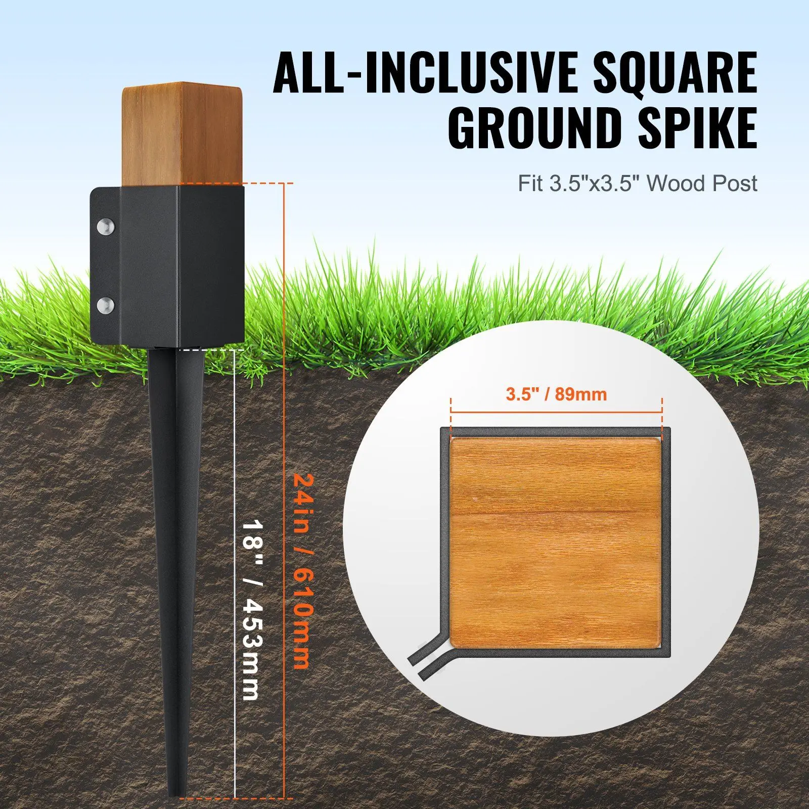 Fence Post Anchor Ground Spike, 4 Pack 24 x 4 x Inches Outer Diameter (Inner Diameter 3.5 x3.5 Inches), Metal Black Powder Co