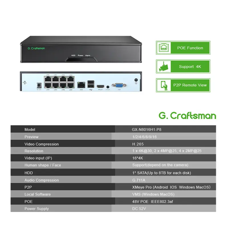 XMeye 8ch POE NVR 4K Support 16ch Network Video Recorder Register H.265X 1 HDD 24/7 Recording IP Camera P2P System Security - Image 3