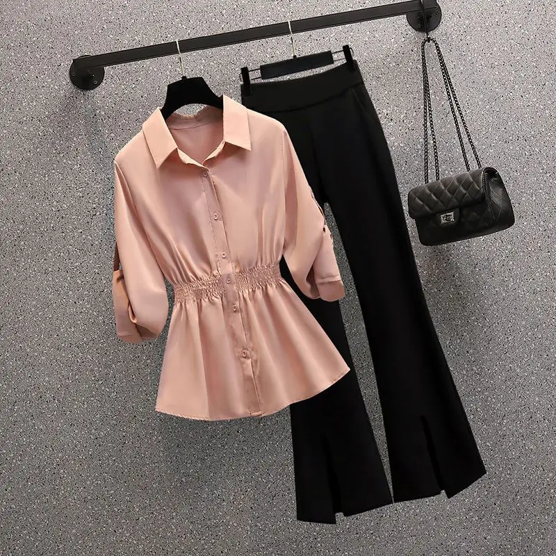 Fashionable Women's Set Spring/Summer Korean Edition Western Style Waist Wrapped Shirt Top Micro Flared Pants Two Piece Set