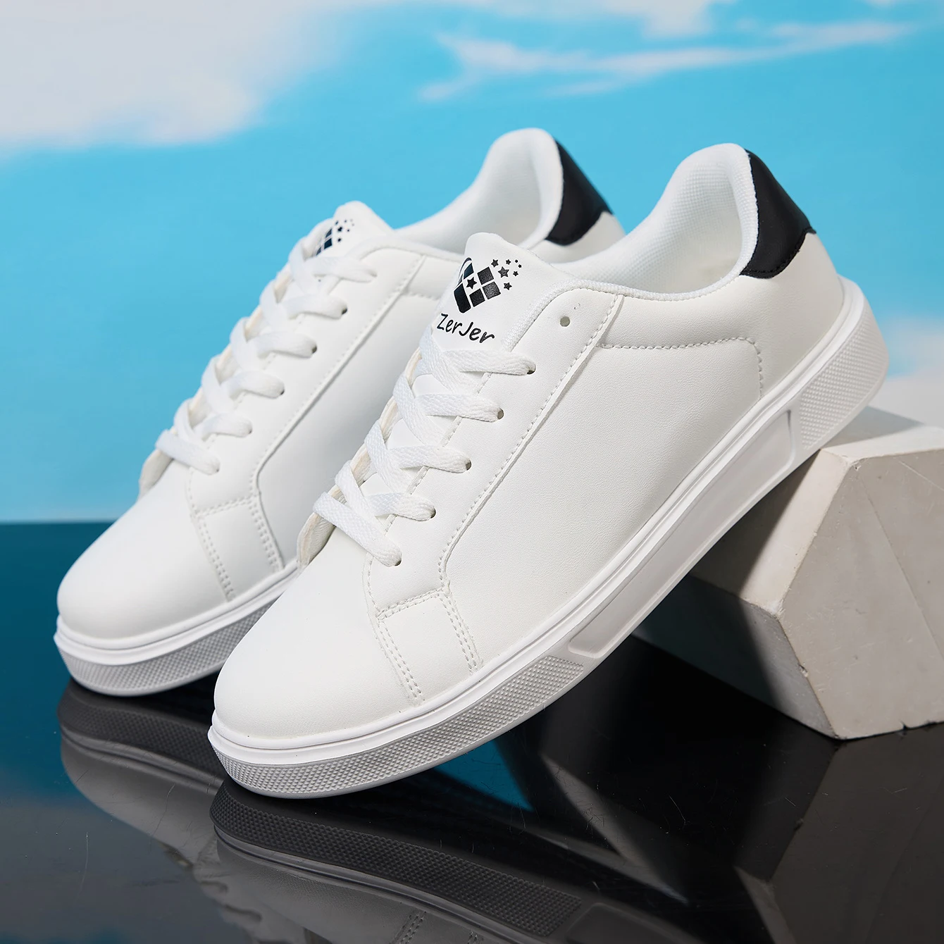 ZERJER Men's White/Black Casual Leather Sneakers, Low Top Lace-Up Skate Shoes, Comfortable Walking Footwear 2
