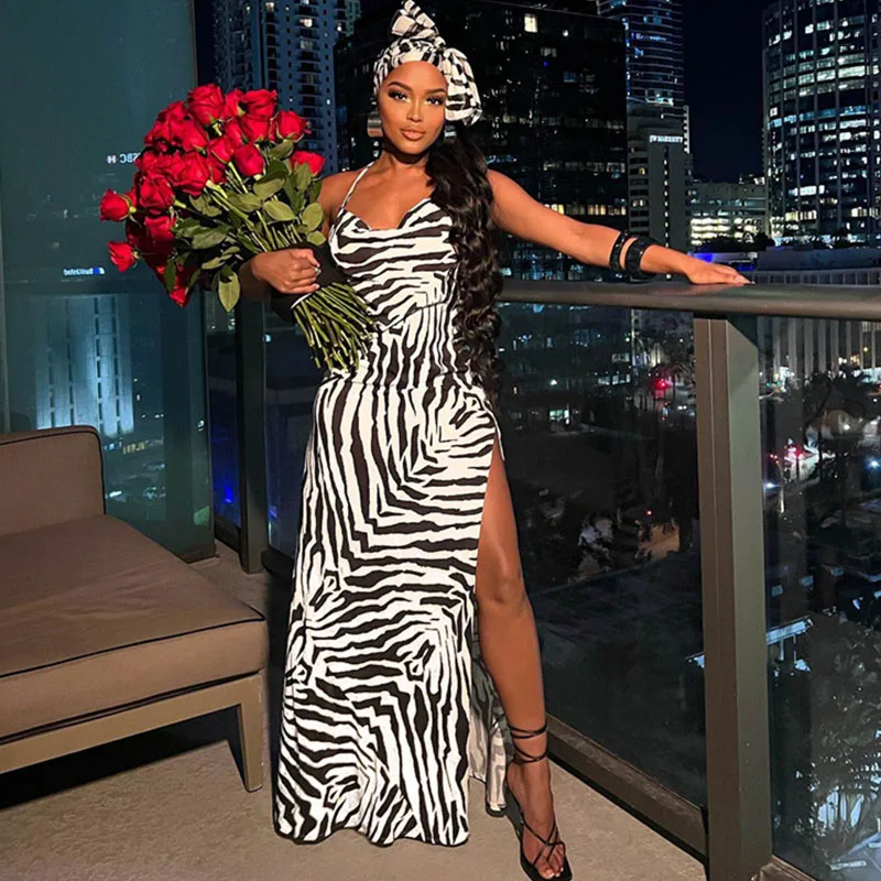 

Zebra Stripes Backless Maxi Dresses Women Elegant Party Nightclub Sleeveless Long Dress High Split Vacation Beach Summer Dress