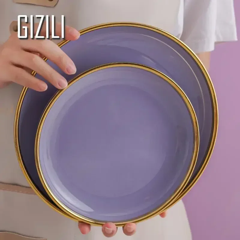 Purple Porcelain Plates Plates Dinner Dinnerware Set Food Luxury Dinner Dishes Soup Salad Bowl Ceramic Cake Dessert Plate