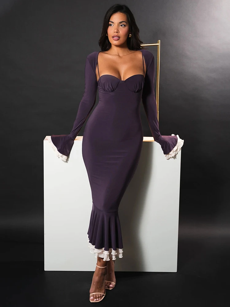 Mozision Elegant Long Sleeve Sexy Maxi Dress for Women Gown Fashion Patchwork Square Collar Bodycon Evening Fishtail Dress