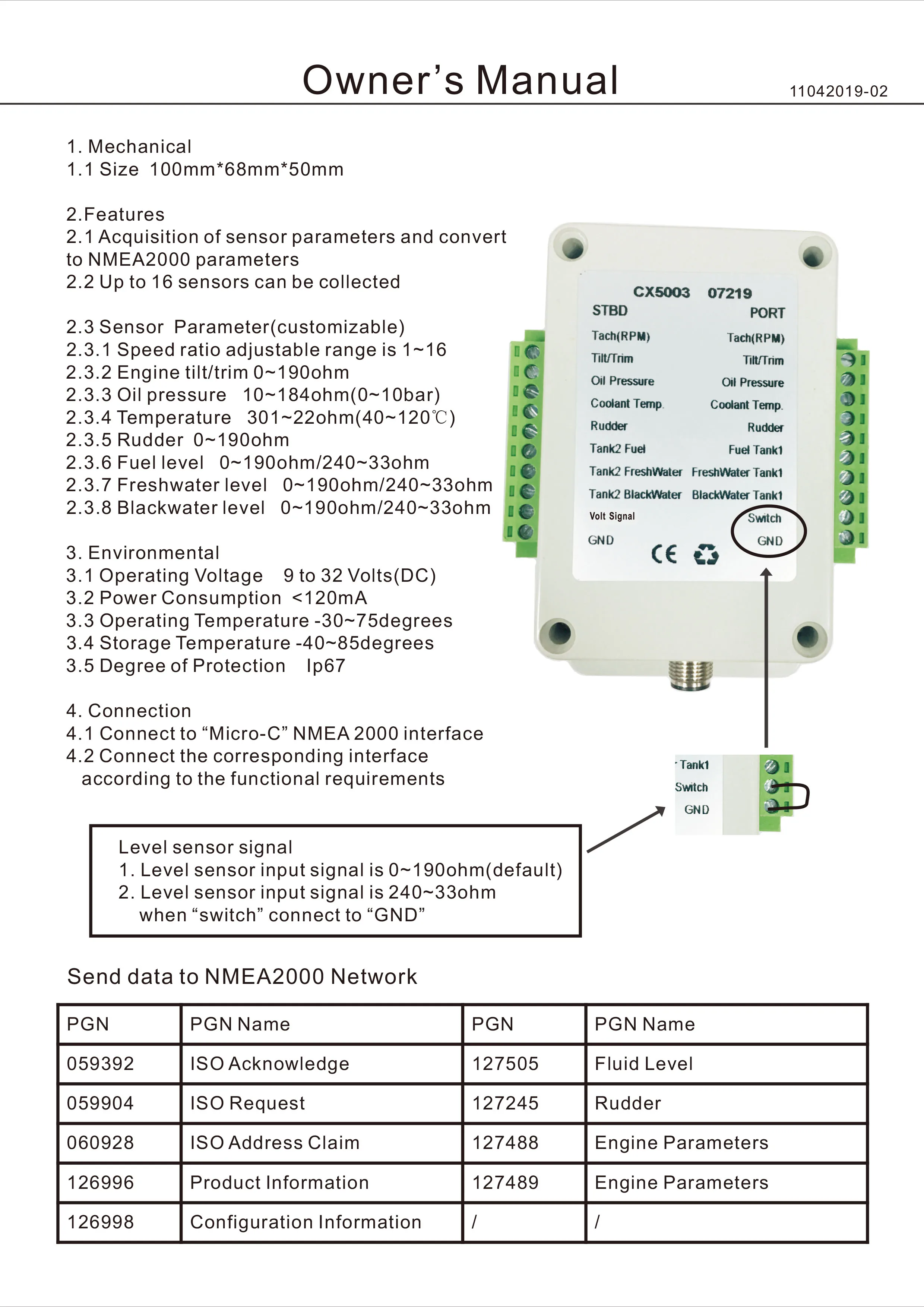 1PC CX5003 NMEA 2000 Multifunction Converter Connect Up to 18 Sensors 0-190ohm N