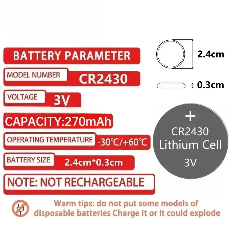 5-100PCS Button Batteries CR2430 DL2430 BR2430 LM2430 ECR2430 3V Lithium Battery Coin Cells for Small Electronics Power Supplies - 3