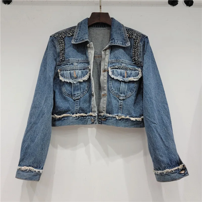 

Vintage Blue Diamonds Denim Jacket Coat Women Loose Short Cowboy Outerwear Korean Frayed Pocket Long Sleeve Jeans Jacket Female