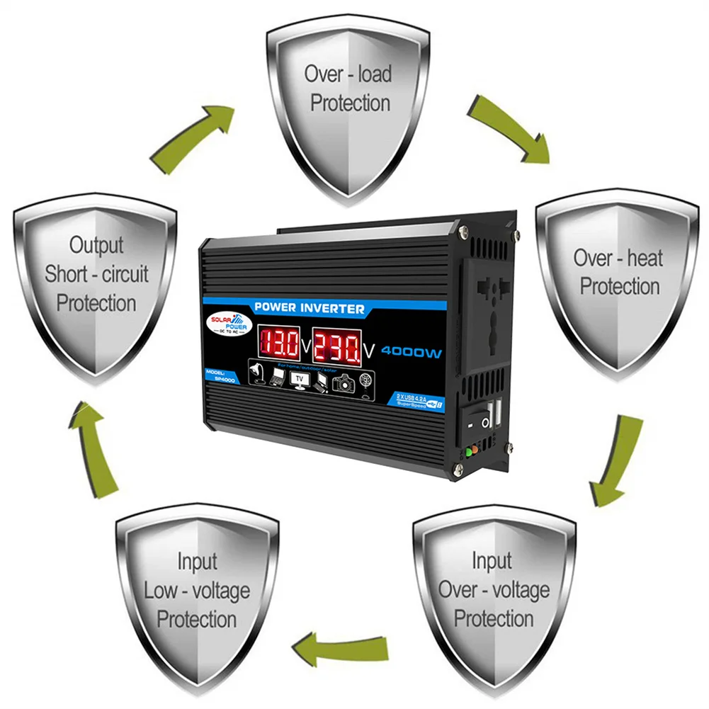 4000W 순수 정현파 차량용 파워 인버터 DC 12V to AC 220V 110V 전압 변환기 듀얼 USB 전원 소켓 컨버터 (자동차/가정용)