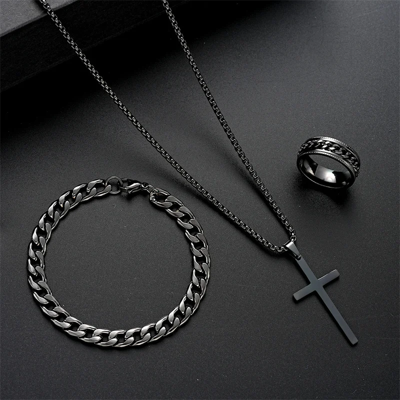 Black Titanium Steel Cross Pendant Necklace for Men Women Minimalist Male Female Chokers Box Chain Necklace Party Jewelry Set 7