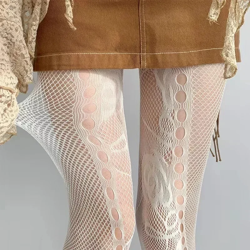 Y2K Blumen-Jacquard Sexy Strümpfe Damen Gothic Punk Netzstrümpfe mit Blumenmuster Overknee-Strumpfhose Unregelmäßige Rosenlöcher Netzstrumpfhose – Detail 7