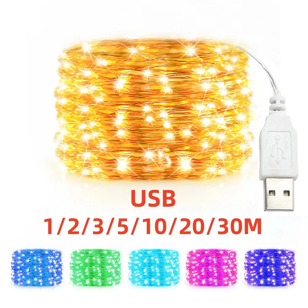 1-30M USB LED String Lights Copper Silver Wire Garland Light Waterproof Fairy Lights For Christmas Wedding Party Decoration 3 10 20m usb led string lights copper silver wire garland light waterproof fairy lights for christmas wedding party decoration