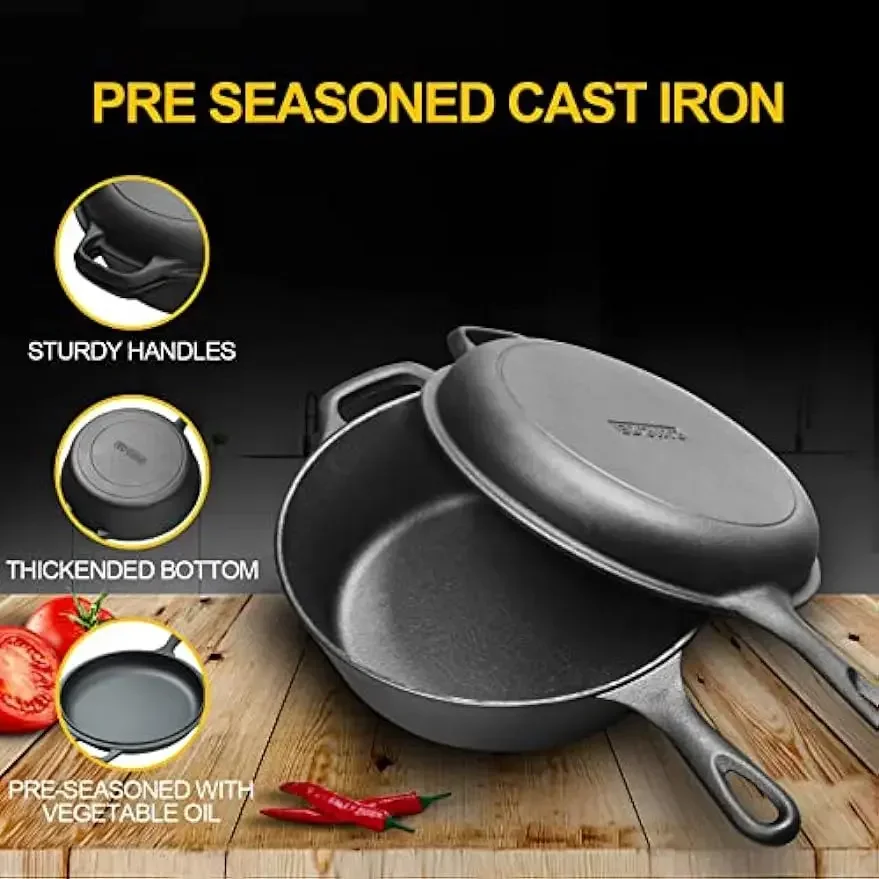 Dutch Oven Frying Cooker Cast Iron Round with Lid Kitchen Camping
