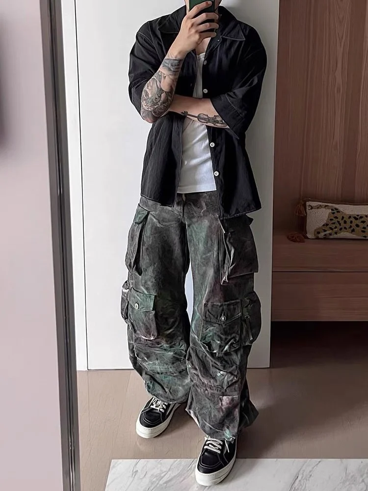

Pants Camouflage Print Multi-Pocket Workwear American Street Loose Fit Long Trousers Rocky Style Cargo