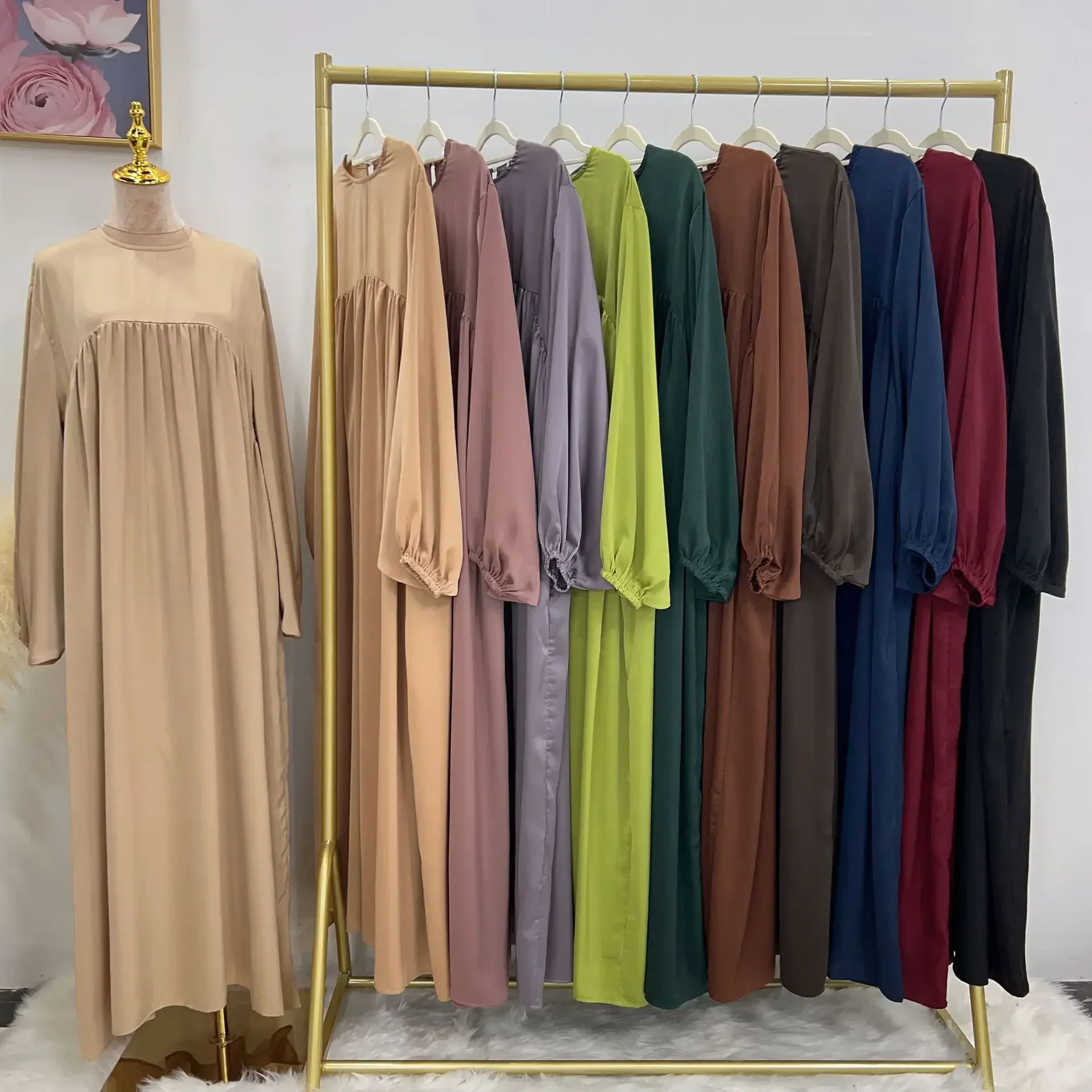 Shimmer Satin Abaya for Women Lantern Sleeves Islamic Clothing Hijab Robe Dubai Turkey Modest Kaftan Ramadan Muslim Long Dress