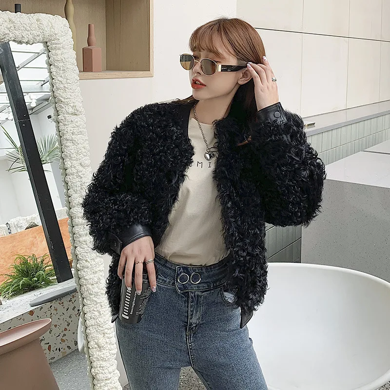 

Lamb Fur Overcoat Female Autumn and Winter Casual Short Sheepskin Splicing Roll Fur Coat Motorcycle Long Sleeve Baseball Ja