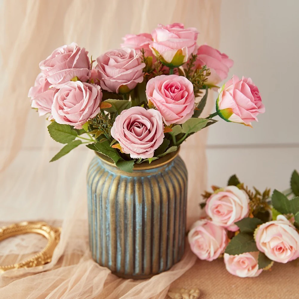 30cm Rose Pink Artificial Silk Flowers Bouquet for Cemetery 6-Heads Big Rose Peony Fake Flower for Wedding Home Table Decoration