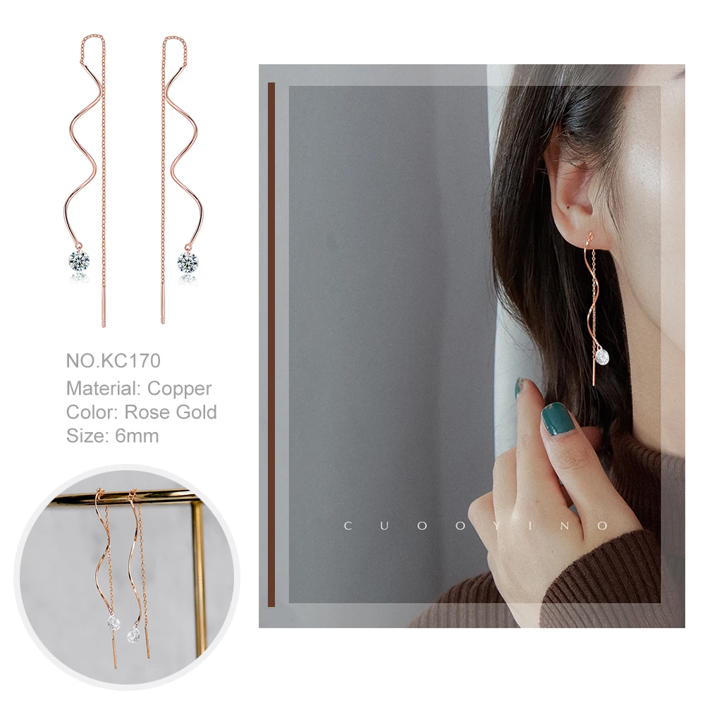 Long Drop Ear Line Hanging Earrings For Women Rose Gold Color Zirconia Crystal Threader Earing Ear Piercing Accessories Jewelry