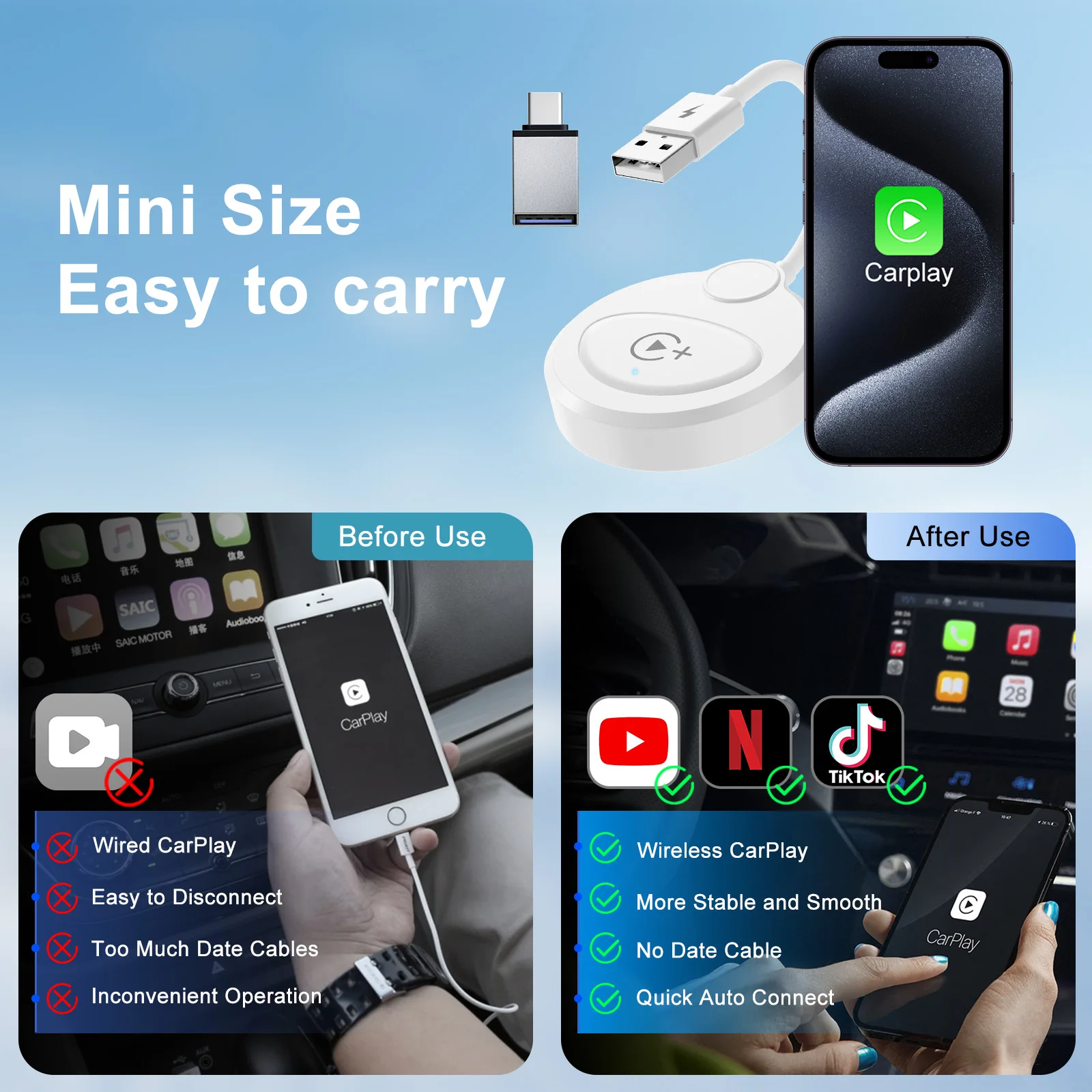 

New Plug Play WiFi Online Update Wireless Video CarPlay Adapter for iPhone，Wireless Car Adapter,Apple Wireless Carplay Dongle