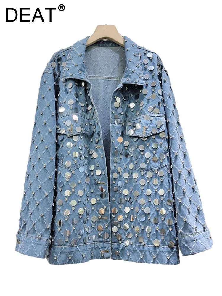 

DEAT Women's Denim Coat Diamond Shape Rhinestone Sequins Single Breasted Do Old Blue Jackets 2024 Summer New Fashion 29L7377