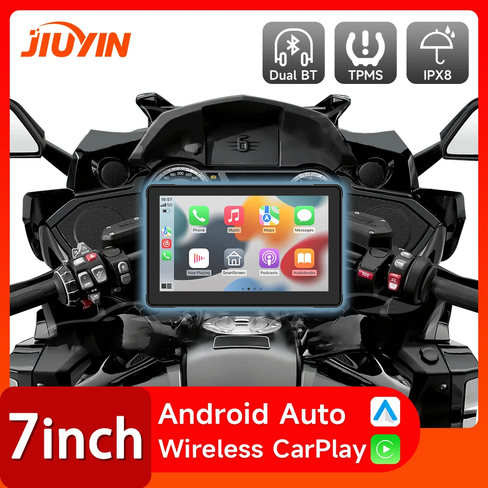 JIUYIN IPX7 Waterproof 7Inch Motorcycle Portable Navigation GPS Screen Wireless Apple Carplay Android Auto Display Dual BT