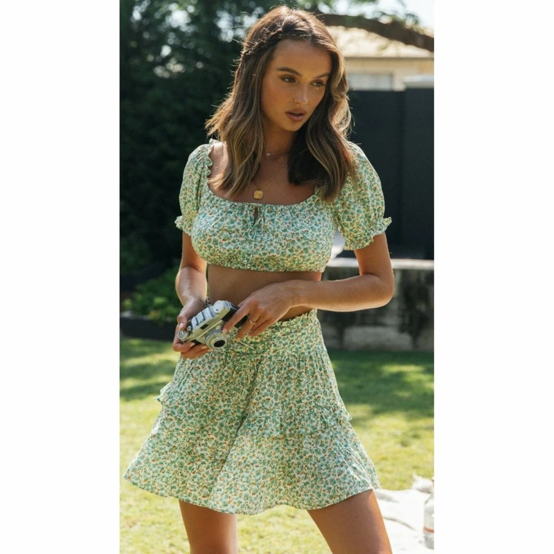 

Dresses for Women Cottagecore Dress 2023 Fashion Suit Short Lace Up Top Large Swing Ruffled Two-Piece Set Vestido Verano Mujer