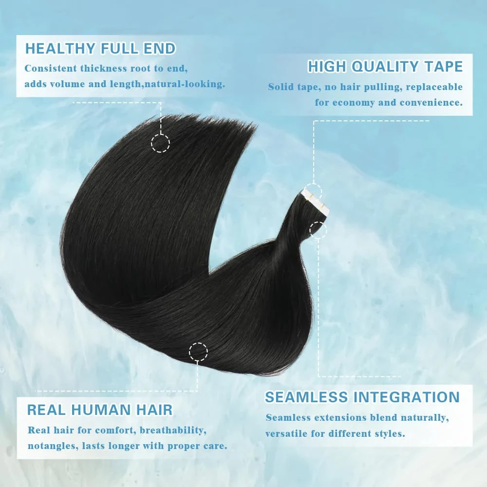 Straight Tape in Hair Extensions Human Hair 100% Remy Human Tape in Seamless Skin Natural Black Ins for Women human hair extensions,hair extensions