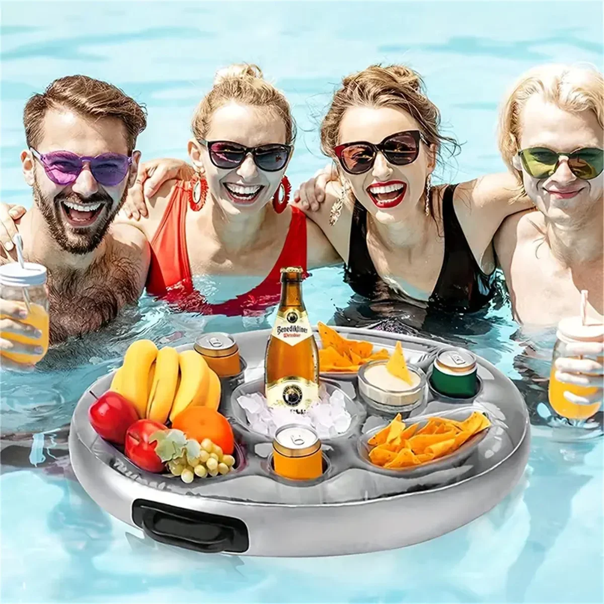 Floating Table Water Ice Bar Swimming Ice Bucket Cup Holder Inflatable Serving Bar Cooler Bag Family Party Float Beer Drink Tray
