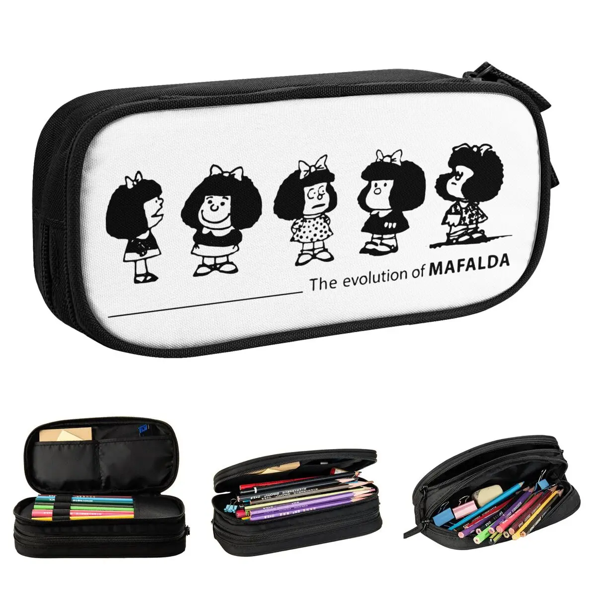 

The Evolution Of Mafalda Comic Quino Pencil Cases Cartoon Pen Holder Bag Student Big Students School Cosmetic Pencil Pouch