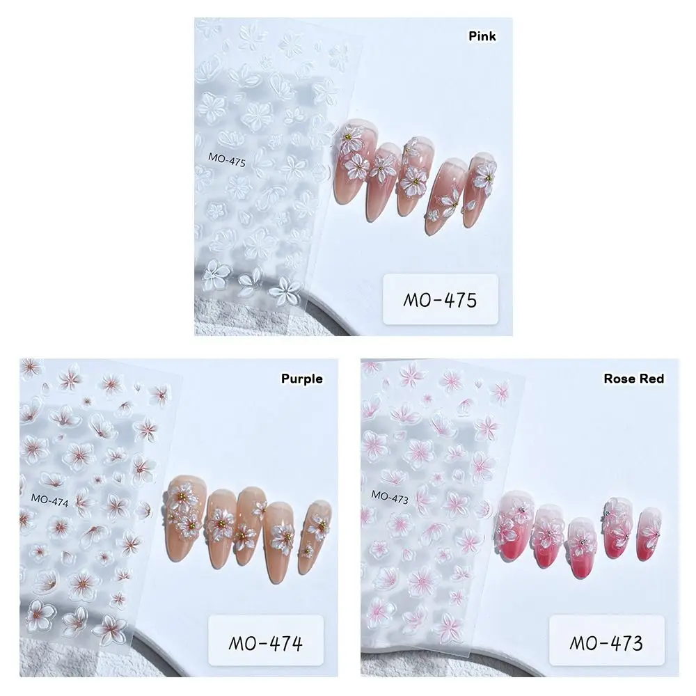 Embossed Design 3D Flower Stickers Elegant Style Simple Floral Floral Nail Sliders White Flower Adhesive Accessories