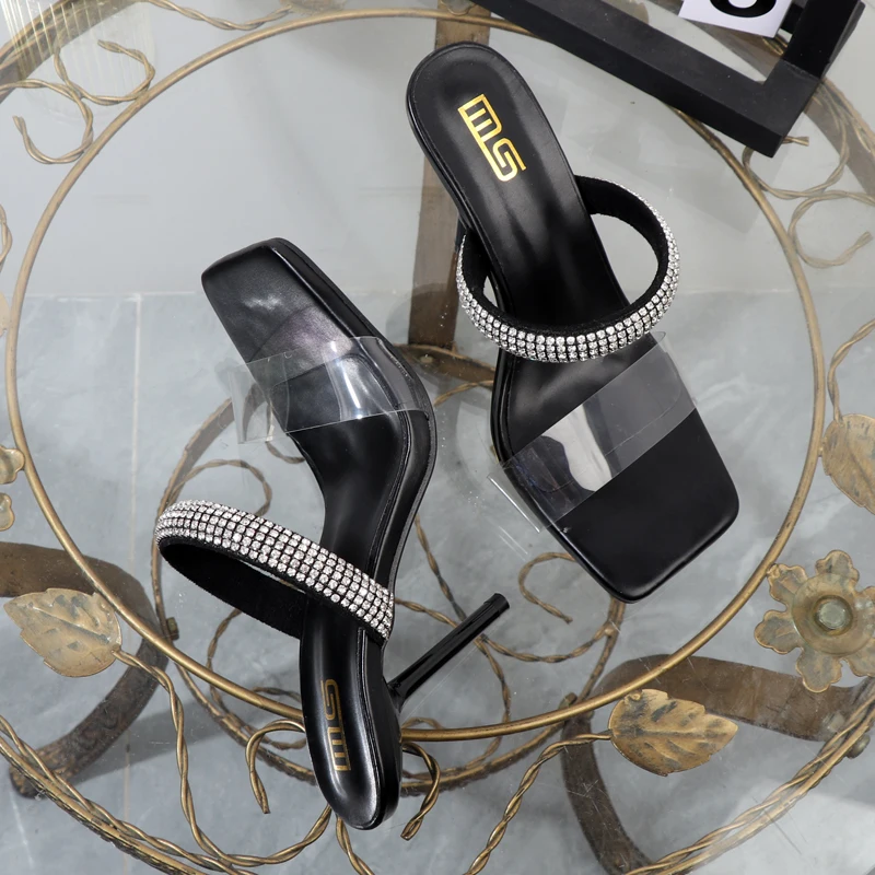 Rhinestone slippers 2022 foreign trade plus size women's shoes square transparent belt with stiletto heels outdoor sandals 10CM