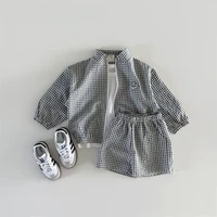TZ2624 – ensemble veste et short à col montant à carreaux pour enfants, vêtements de Protection solaire à fermeture éclair fine, tenue deux pièces tendance, été 2