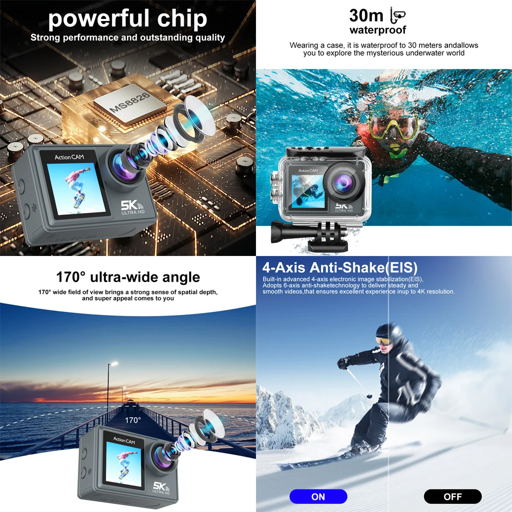 5K 4K60FPS Action Camera Dual IPS Touch LCD EIS 170° DVR Action Cam 30M Waterproof 5X Zoom Sport Camera With Remote Control 3