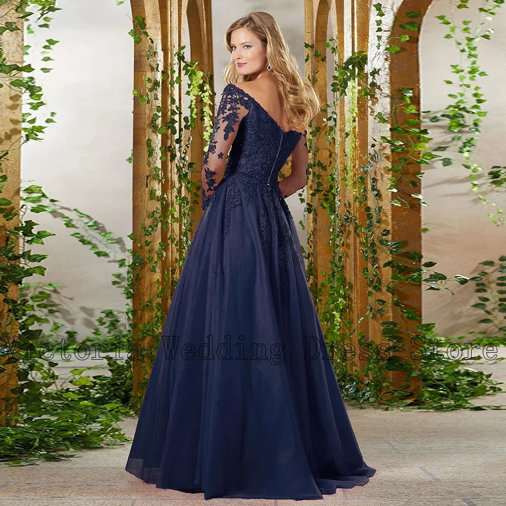 Navy Blue Mother of the Bride Dresses V Neck Long Sleeves Wedding Party Gowns Beads Appliques Floor Length فساتين السهرة Elegant